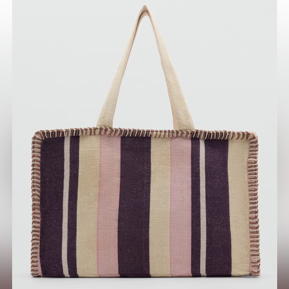 MANGO Large Jute shopper Tote Bag - Cream and Purple